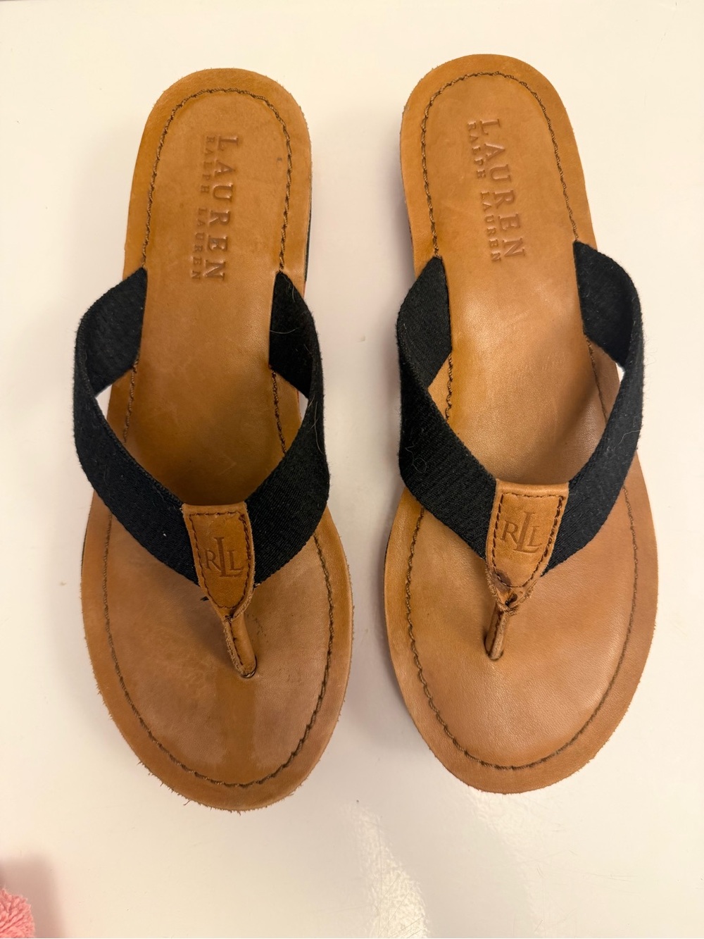 Ralph Lauren Brown Leather Flip Flops with Black Straps